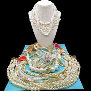Bundle Gold Tone Necklace Bracelets Earrings Faux Pearls Beads Wearable Jewelry